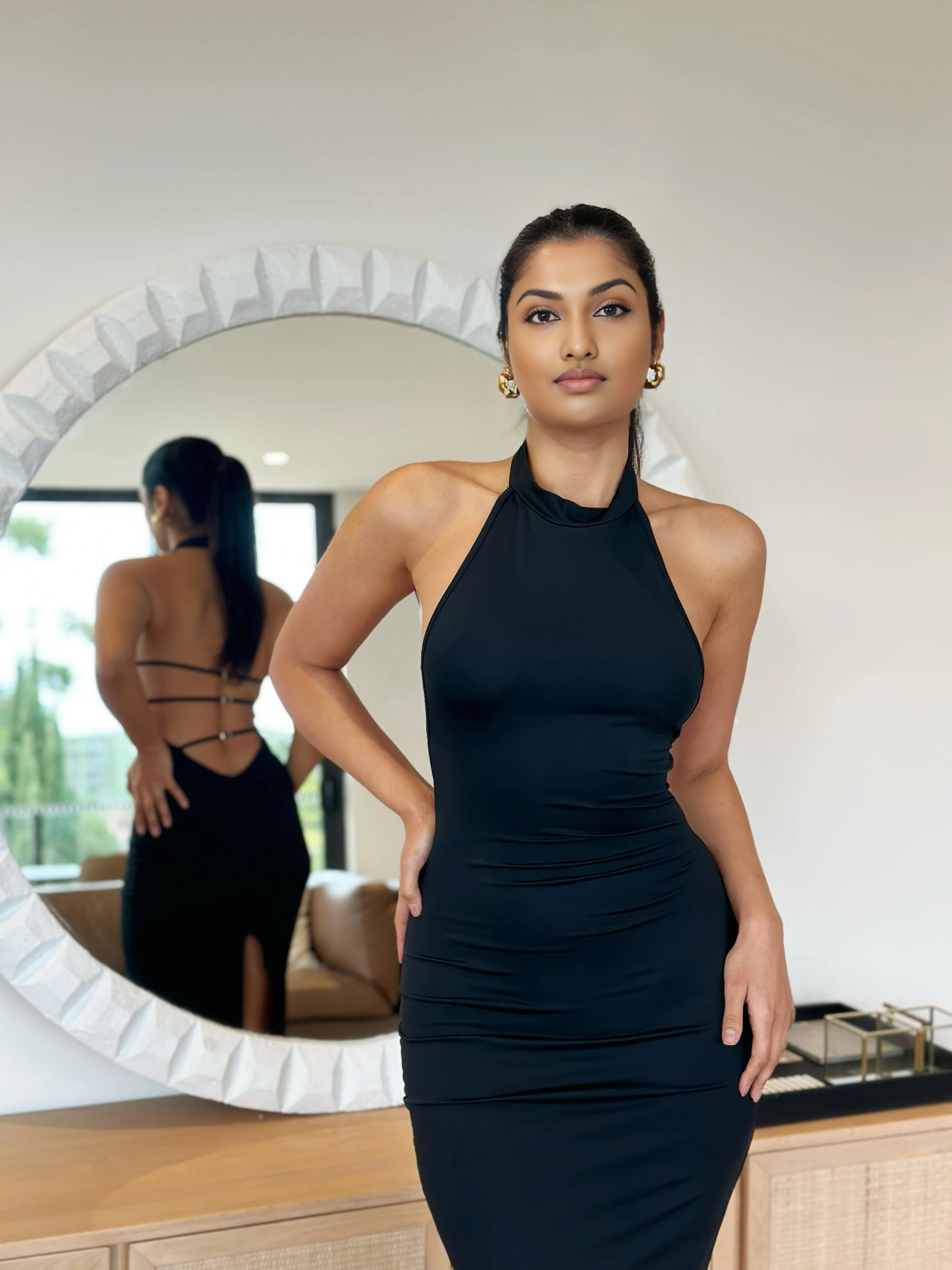 Bodycone Back Cut Black Midi Dress