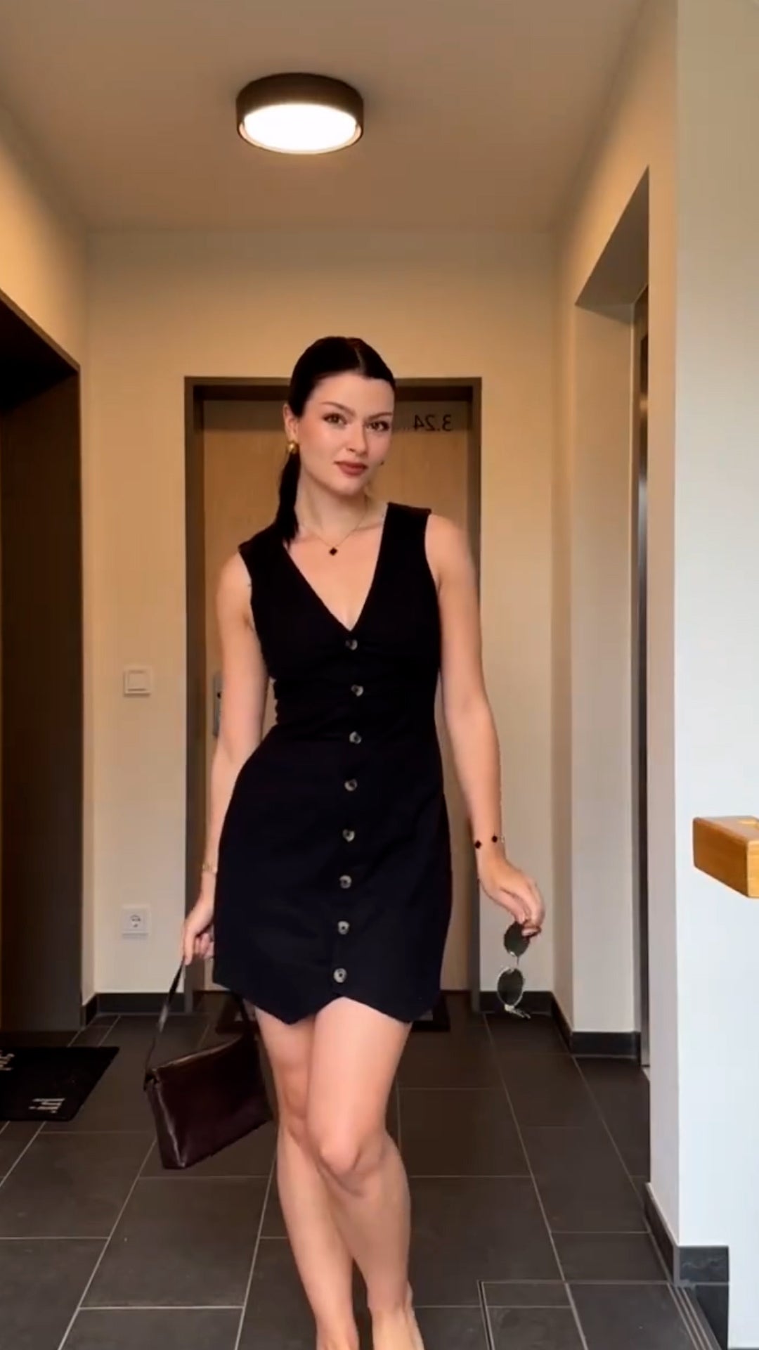 V neck Black Short Dress