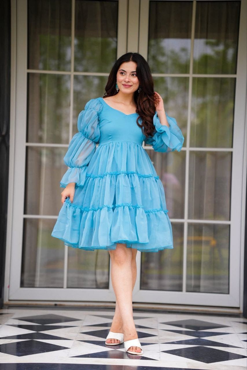 Blue Fox Georgette Short Dress with Flared Hem