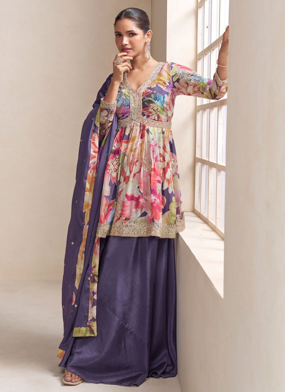 Noor Mahal Suit Set Digital Print With Embroidered Work