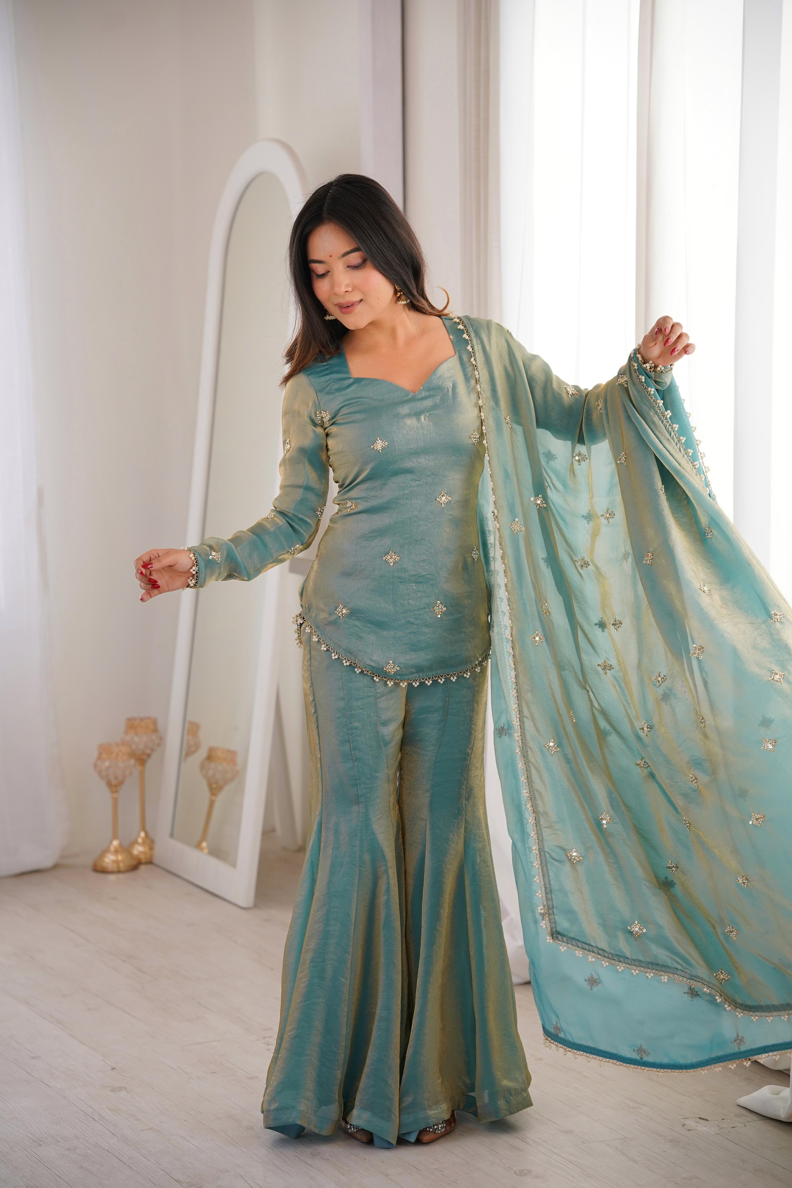 Embroidered Sequin Work Sharara Suit with Lace Border