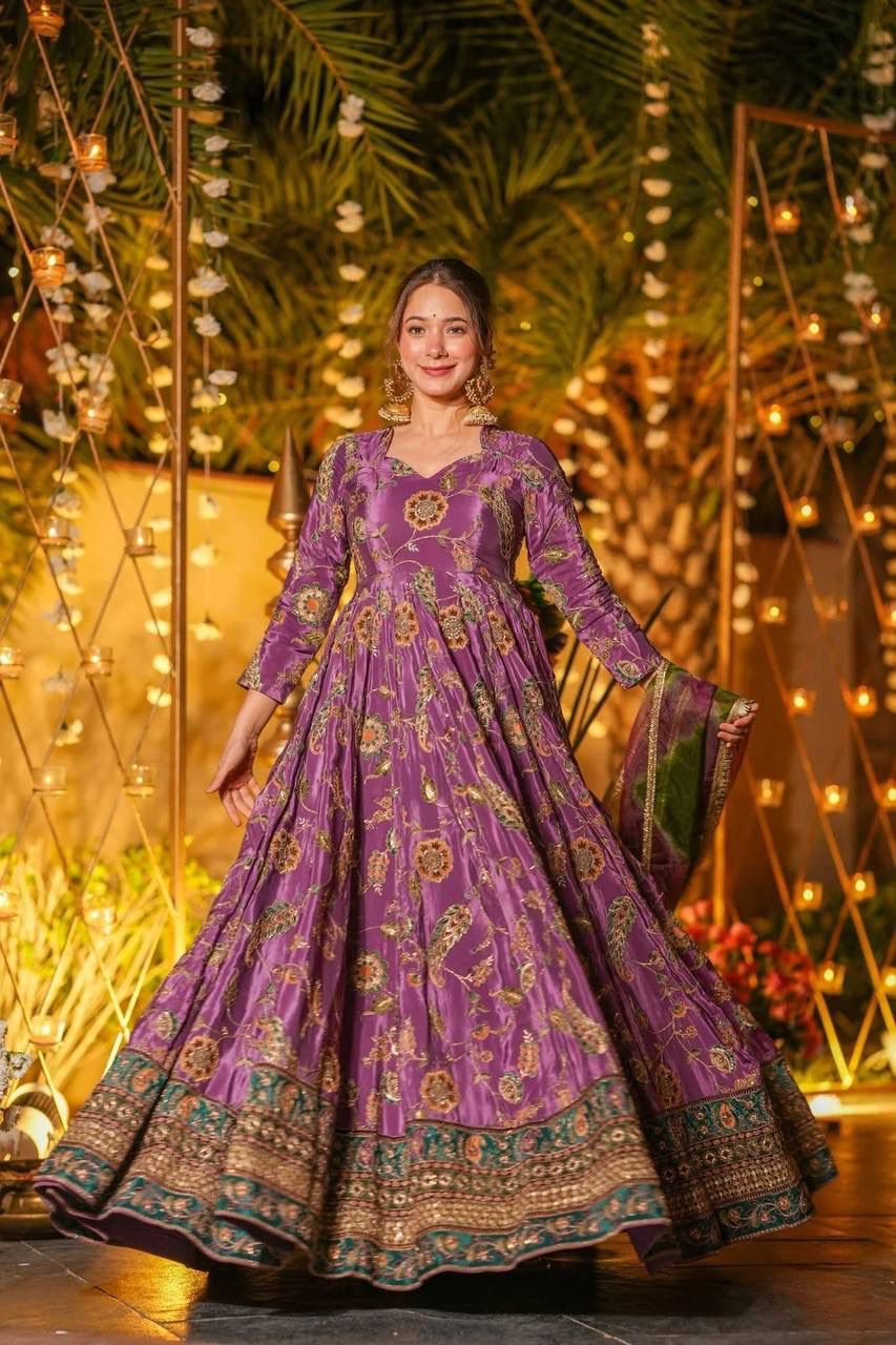Mehroza Purple Embroidered Anarkali Gown Set