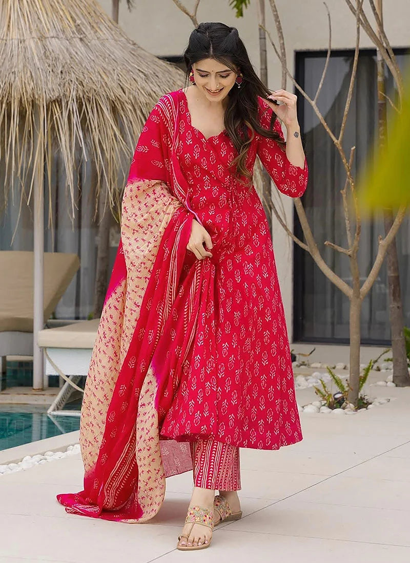 Red New Print Muslin Cotton Printed Kurta Set