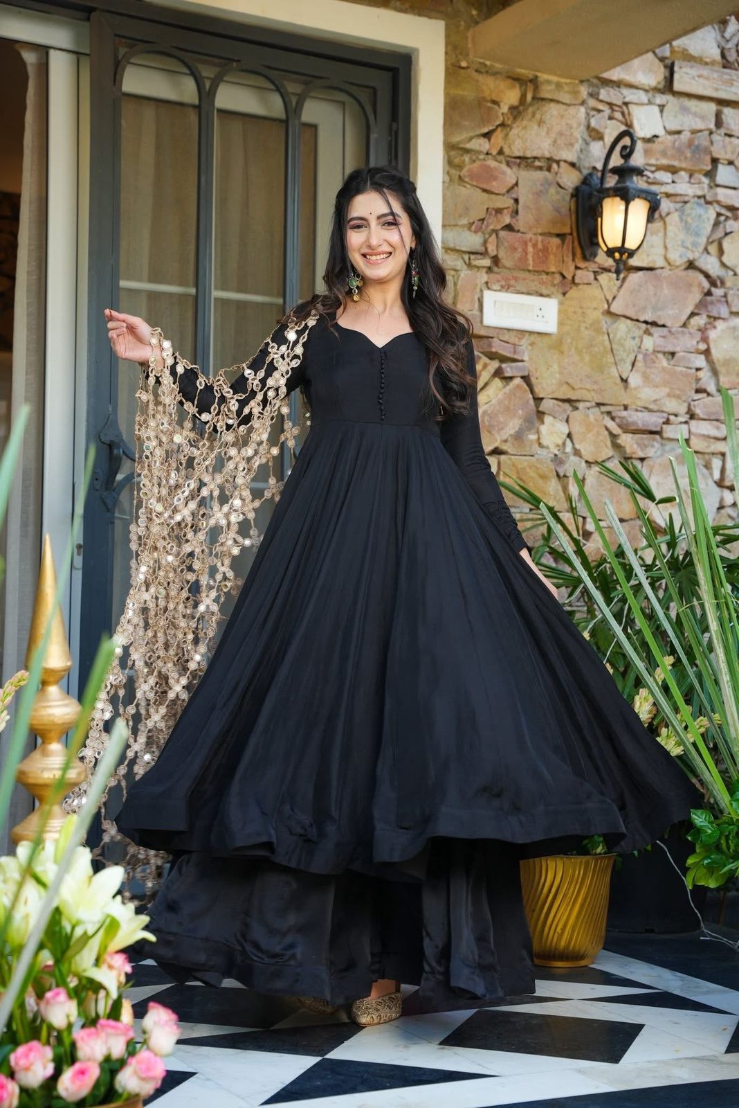 Roman Black with Mirror Work Anarkali Suit