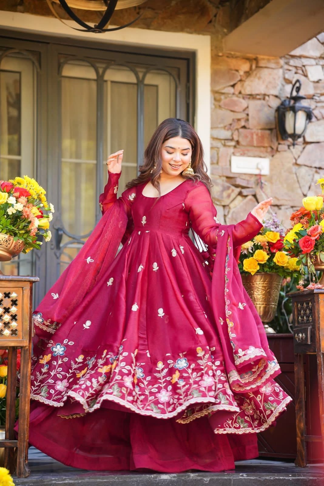 Royal Floral Thread Embroidered Anarkali One-Piece Gown