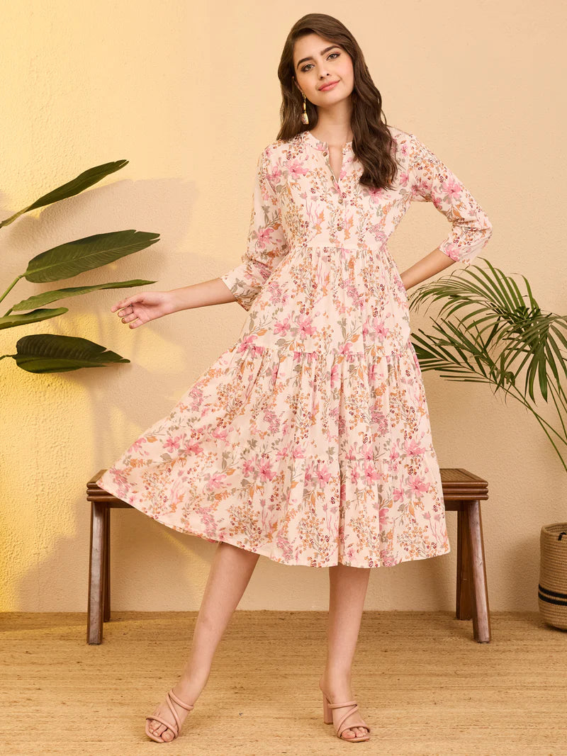 Women Floral Print Pure Cotton Tiered Midi Dress – Baby Pink