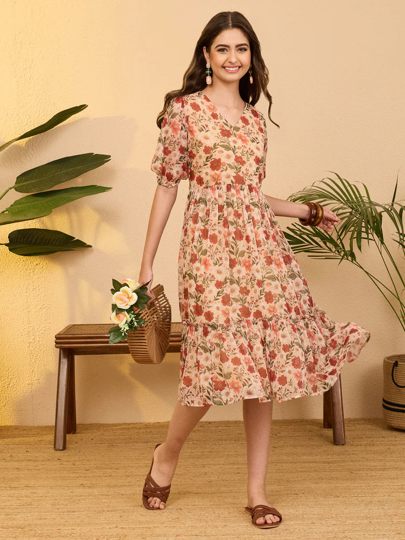 Floral Printed Beige Chiffon Fit &amp;amp; Flare Dress