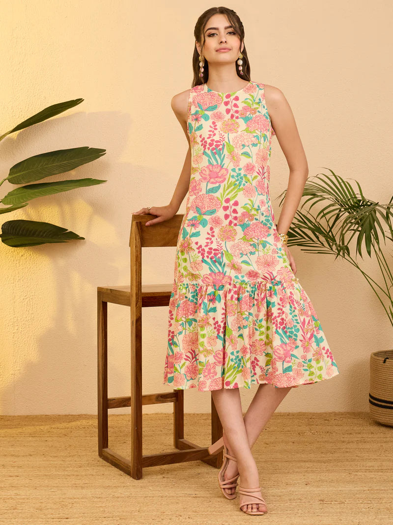 Women Floral Printed Pure Cotton A-Line Dress in Beige