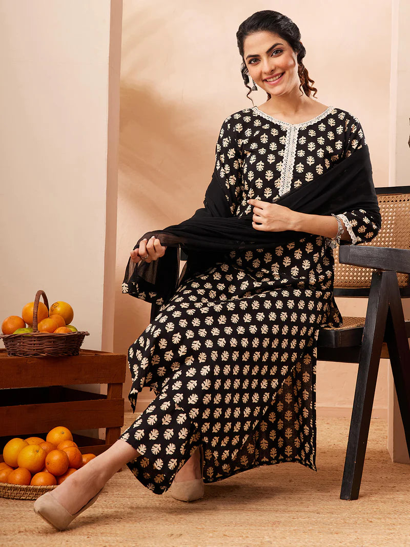 Floral Motif Printed Pure Cotton Straight Kurta Set Black