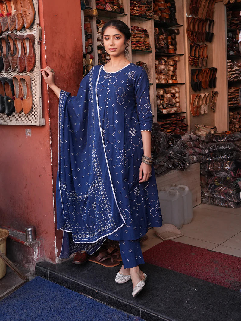 Blue Bandhani Print Pure Cotton A-Line Kurta Set