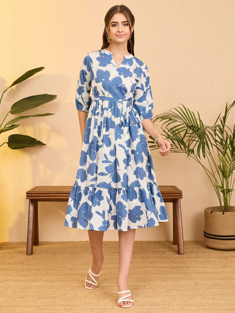 Women Blue Floral Printed Pure Cotton Fit &amp;amp; Flare Dress