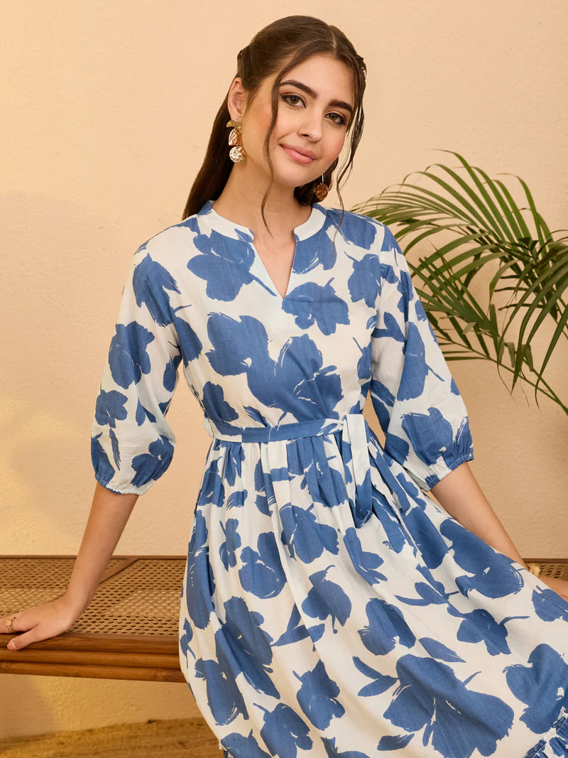 Women Blue Floral Printed Pure Cotton Fit &amp;amp; Flare Dress