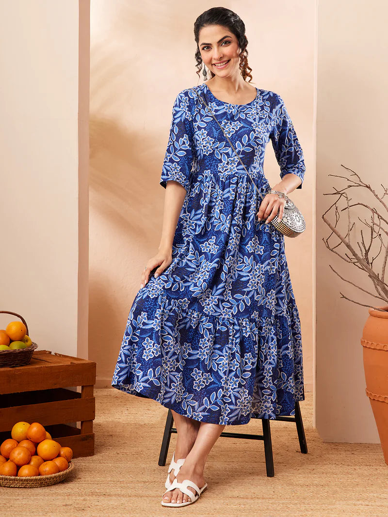 Women Blue Floral Printed Pure Cotton Fit &amp;amp; Flare Dress