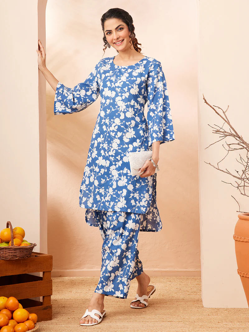 Women Blue Floral Printed Pure Cotton Straight Co-Ord Set