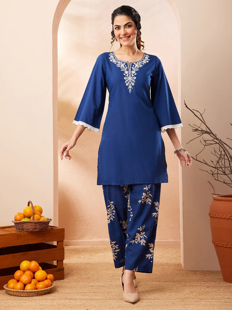 Blue Cotton Embroidered Straight Fit Co-ord Set