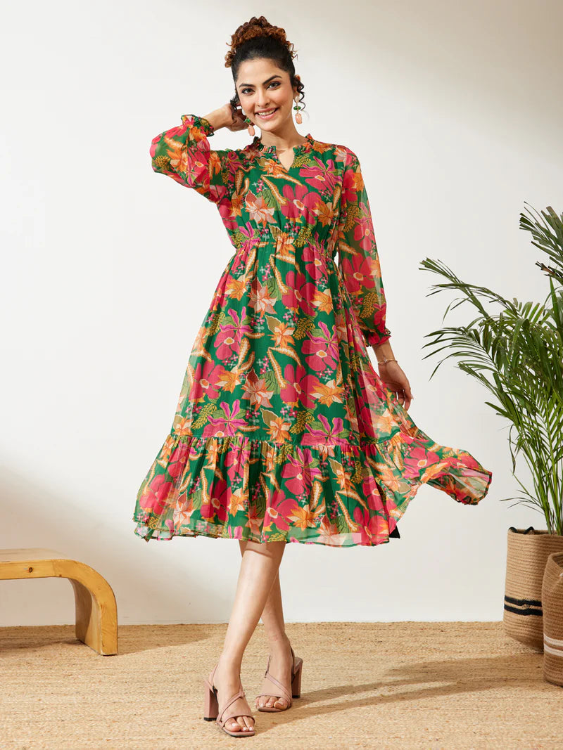 Women Floral Print Chiffon Fit &amp;amp; Flare Dress in Green