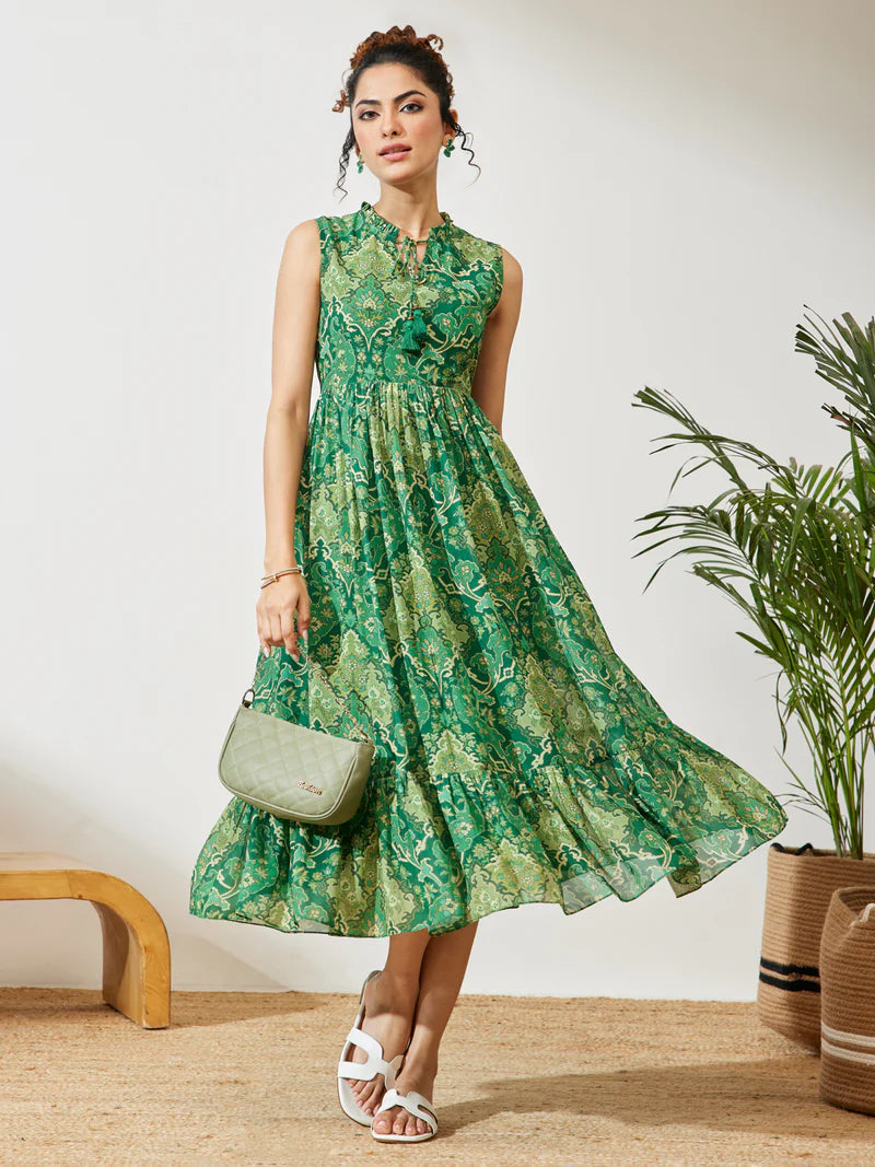 Women Floral Printed Georgette Fit &amp;amp; Flare Dress – Green
