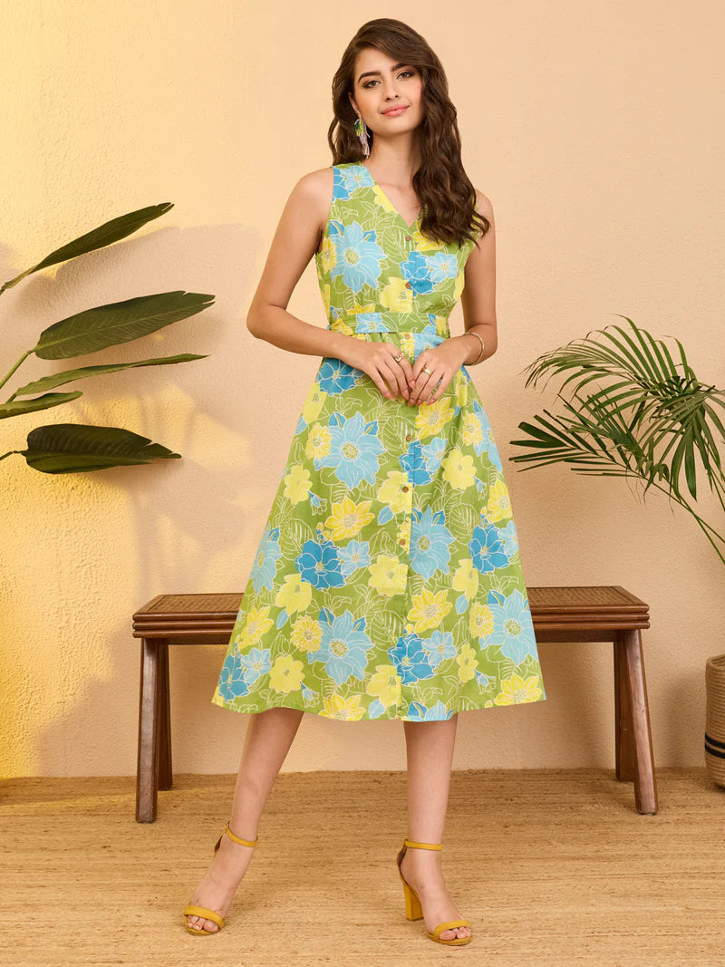 Women Floral Printed Pure Cotton A-Line Dress with Tie-Up – Green
