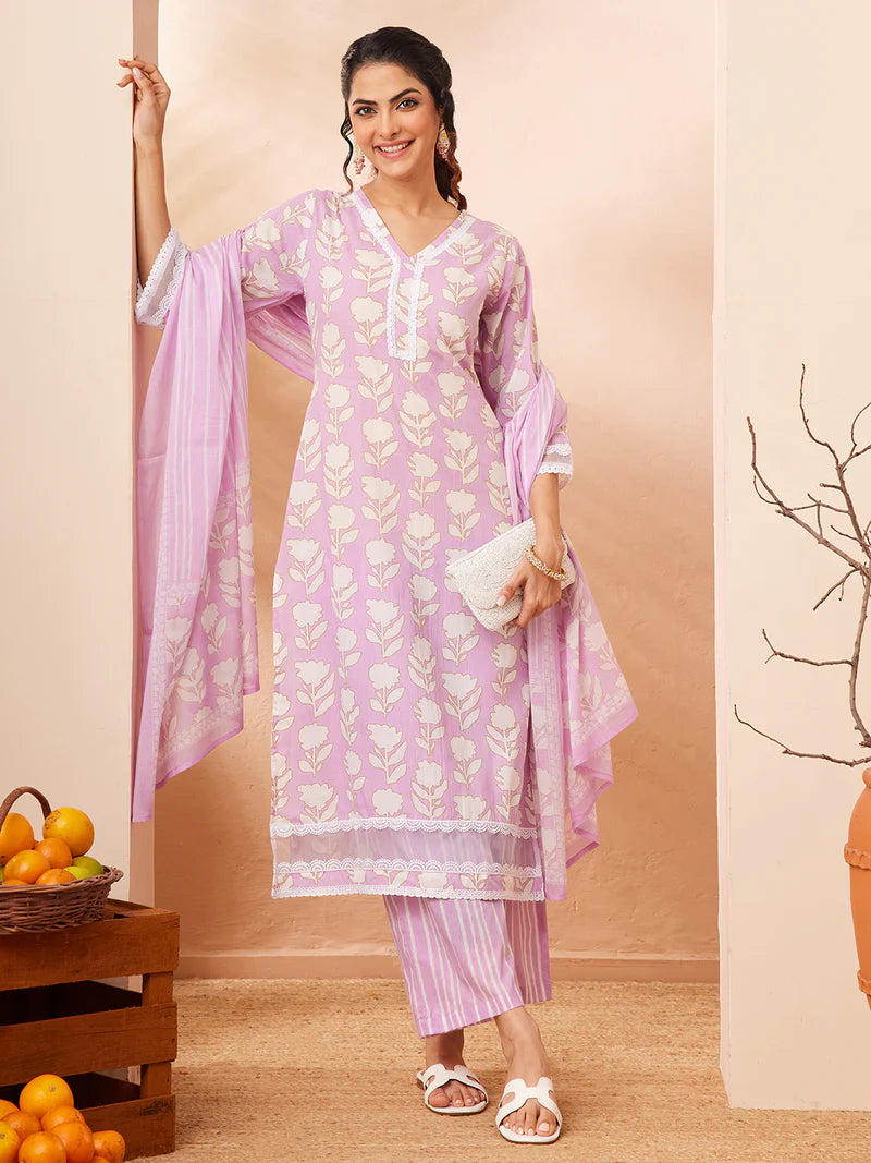 Lavender Floral Printed Pure Cotton Straight Kurta Set