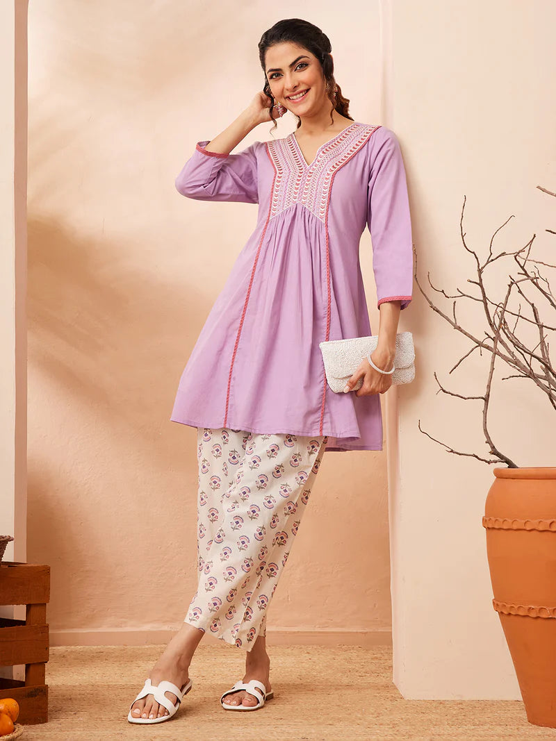 Women Lavender Cotton Embroidered A-Line Co-Ord Set