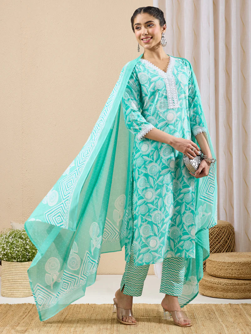 Floral Motif Printed Pure Cotton Straight Kurta Set