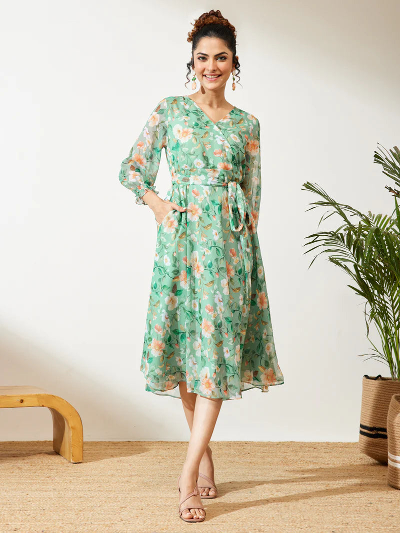 Women Floral Printed Chiffon Fit &amp;amp; Flare Dress – Mint Green