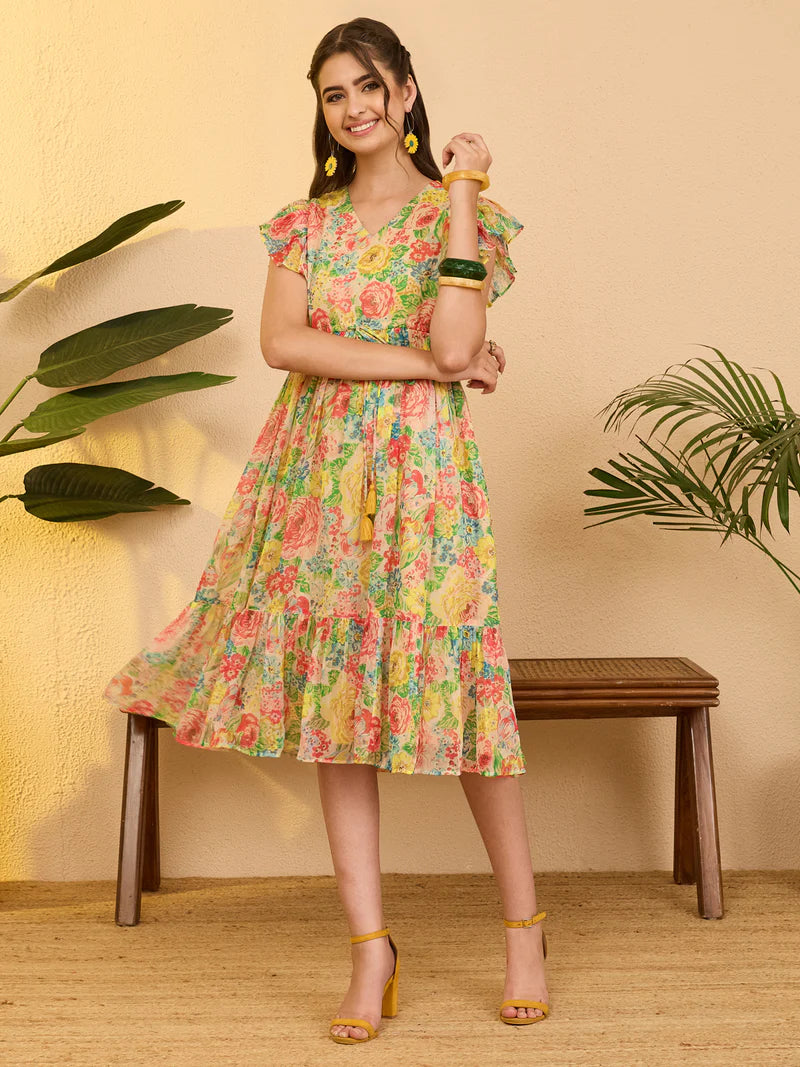 Floral Multi Print Chiffon Fit &amp; Flare Dress