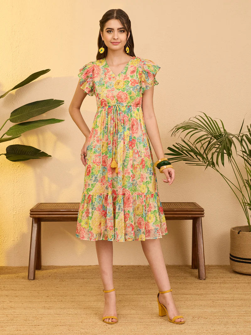Floral Multi Print Chiffon Fit &amp;amp; Flare Dress