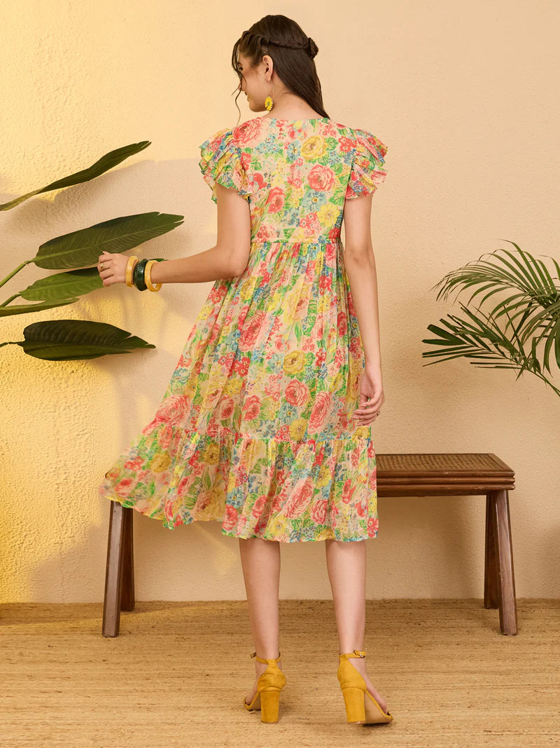 Floral Multi Print Chiffon Fit &amp; Flare Dress