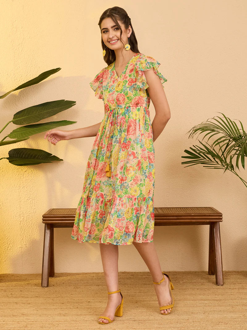 Floral Multi Print Chiffon Fit &amp; Flare Dress