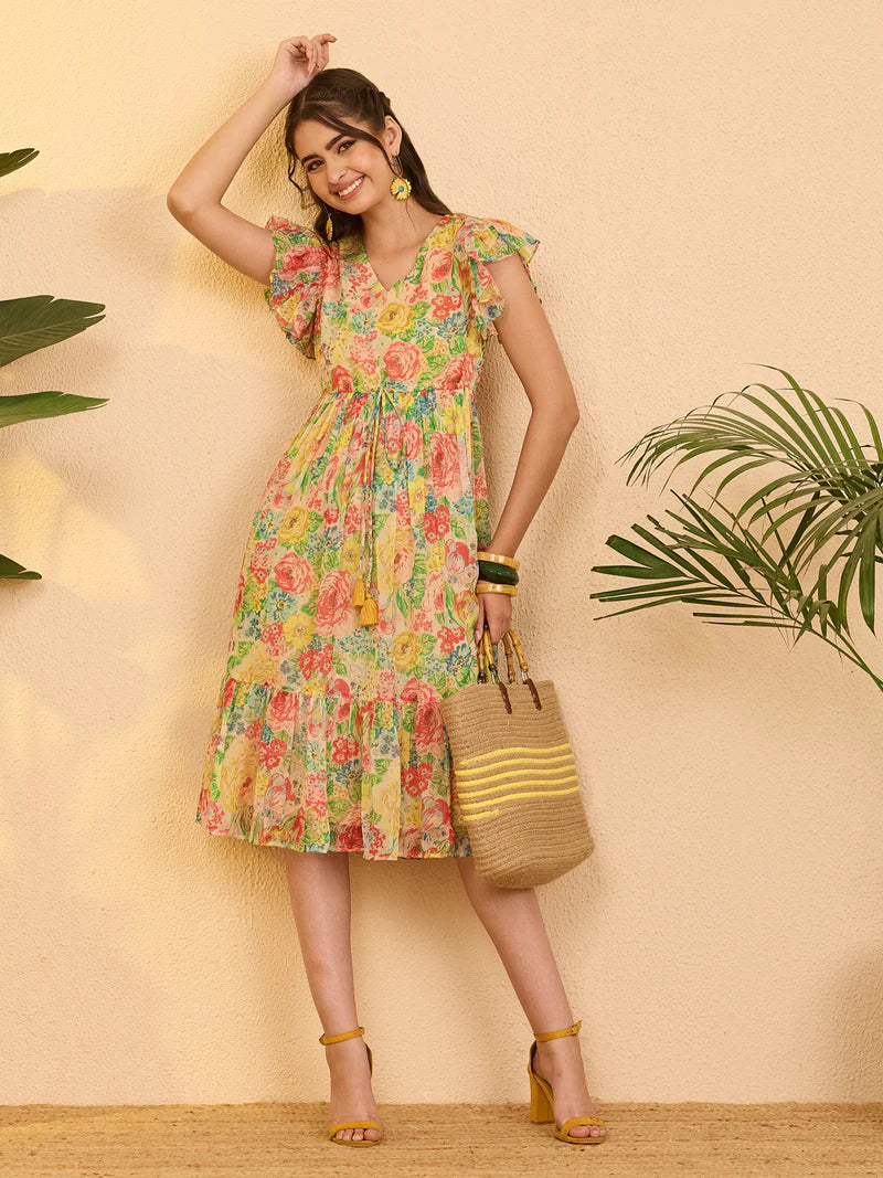 Floral Multi Print Chiffon Fit &amp; Flare Dress