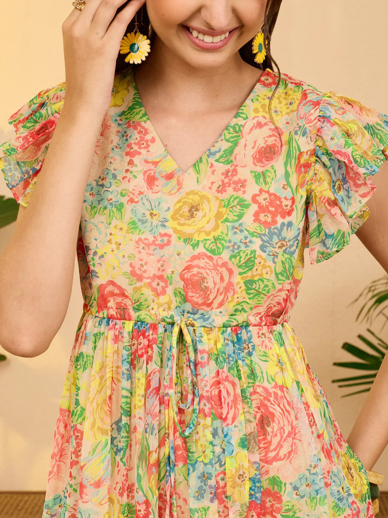 Floral Multi Print Chiffon Fit &amp; Flare Dress