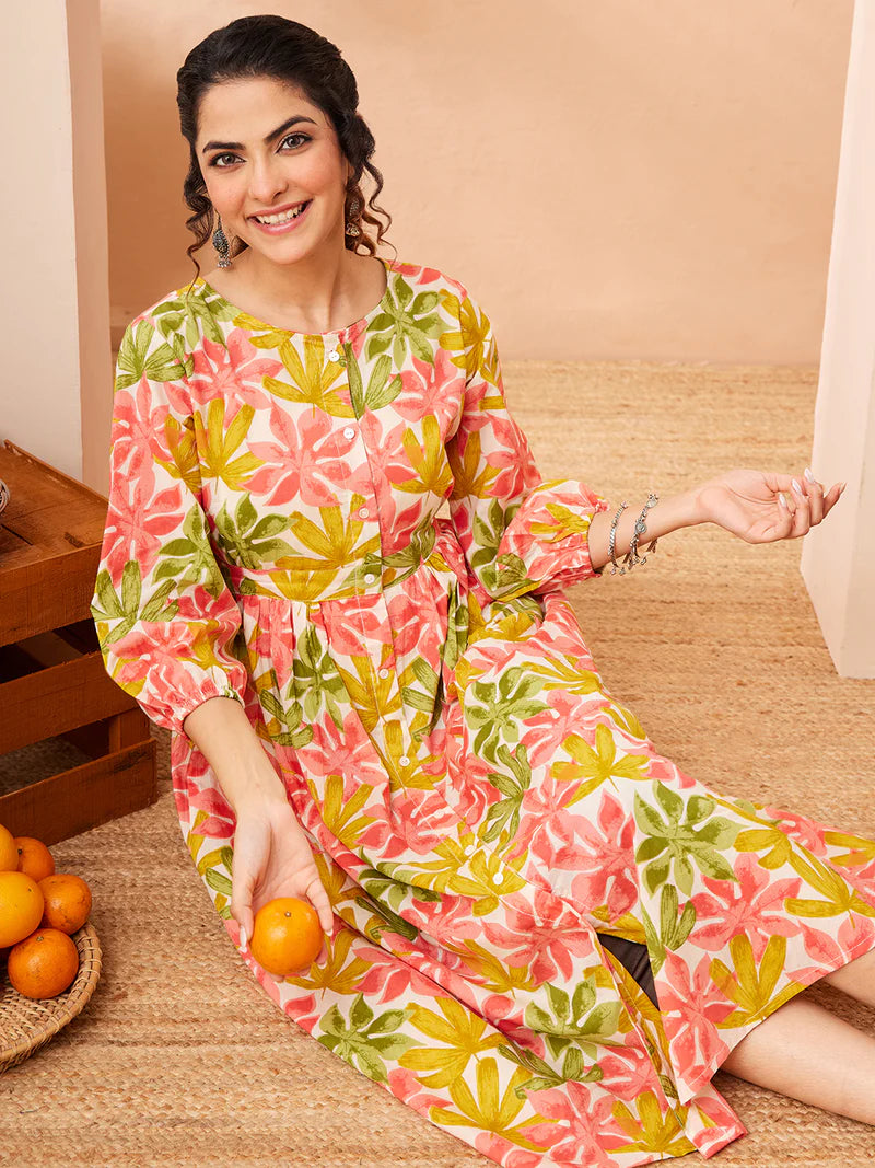 Women Floral Printed Pure Cotton Fit &amp; Flare Dress (Multi Color)
