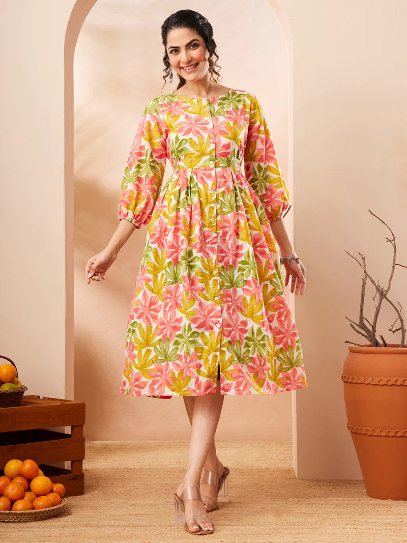 Women Floral Printed Pure Cotton Fit &amp; Flare Dress (Multi Color)