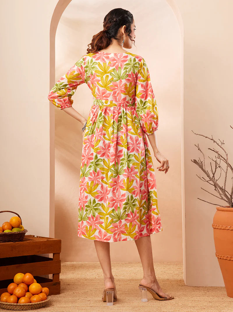 Women Floral Printed Pure Cotton Fit &amp; Flare Dress (Multi Color)