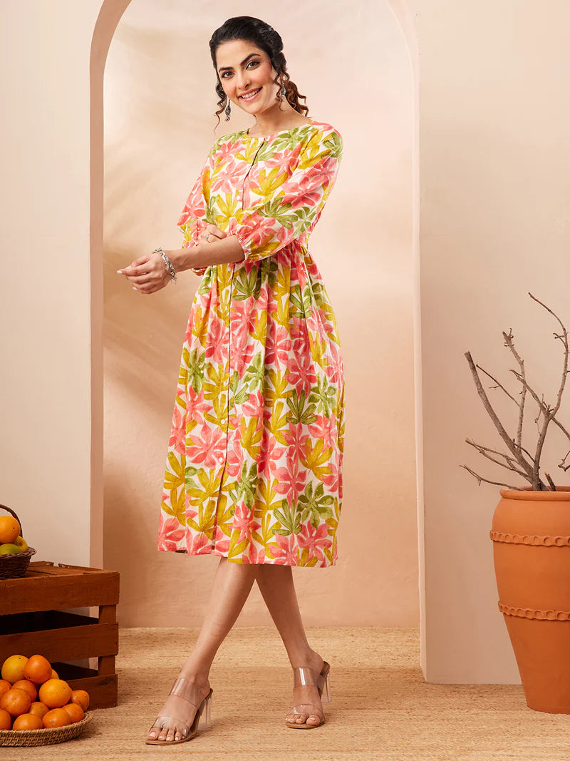 Women Floral Printed Pure Cotton Fit &amp; Flare Dress (Multi Color)