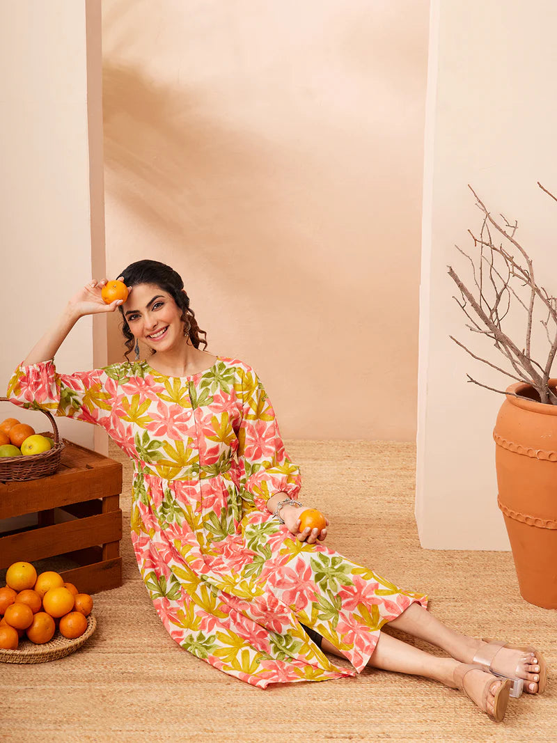 Women Floral Printed Pure Cotton Fit &amp; Flare Dress (Multi Color)