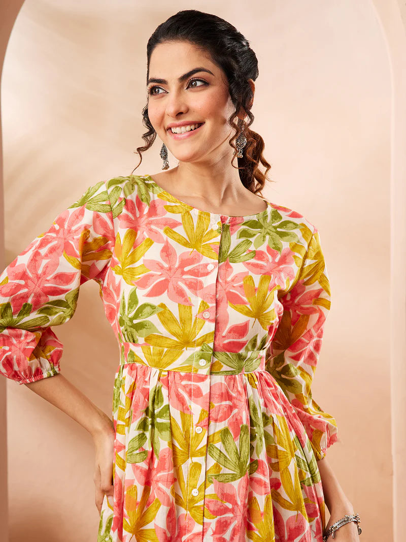Women Floral Printed Pure Cotton Fit &amp; Flare Dress (Multi Color)