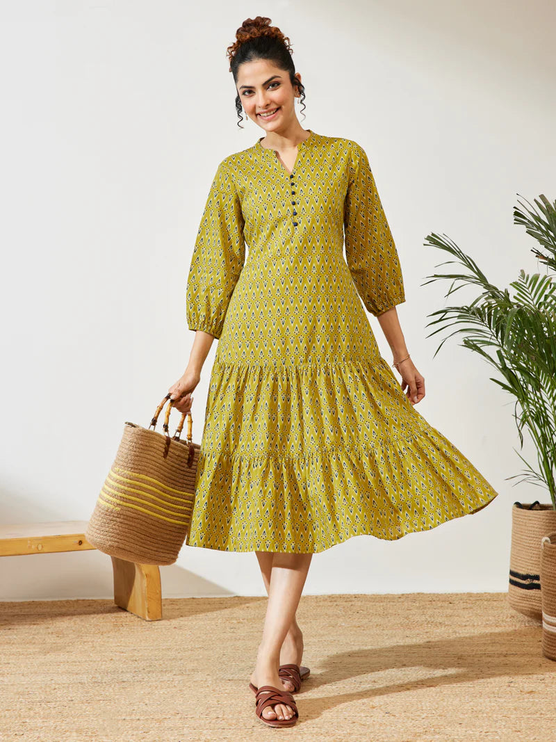 Women Mustard Cotton Ethnic Print Flared Dress