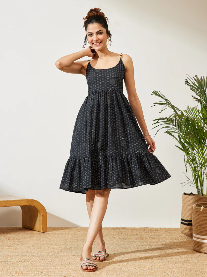 Women Navy Blue Ethnic Motif Printed Pure Cotton A-Line Dress