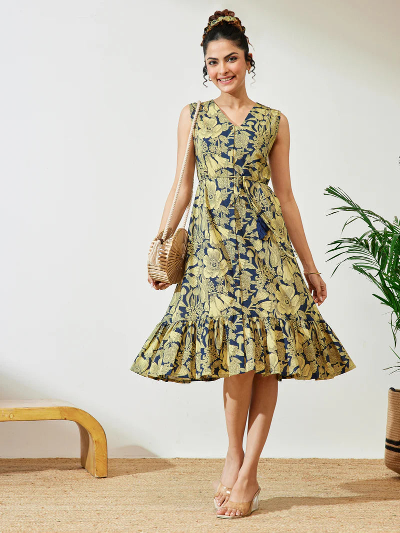 Women Navy Blue Floral Printed Pure Cotton Fit &amp;amp; Flare Dress