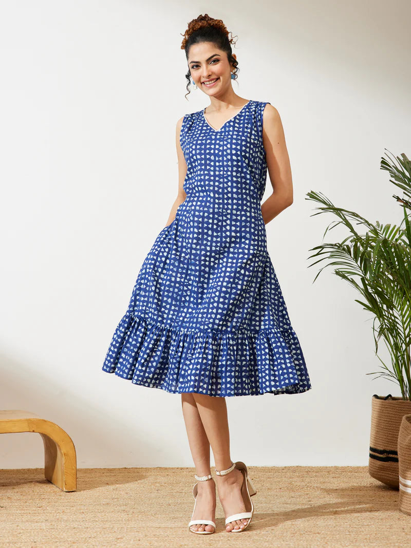 Women Geometric Printed Pure Cotton Fit &amp;amp; Flare Dress – Navy Blue