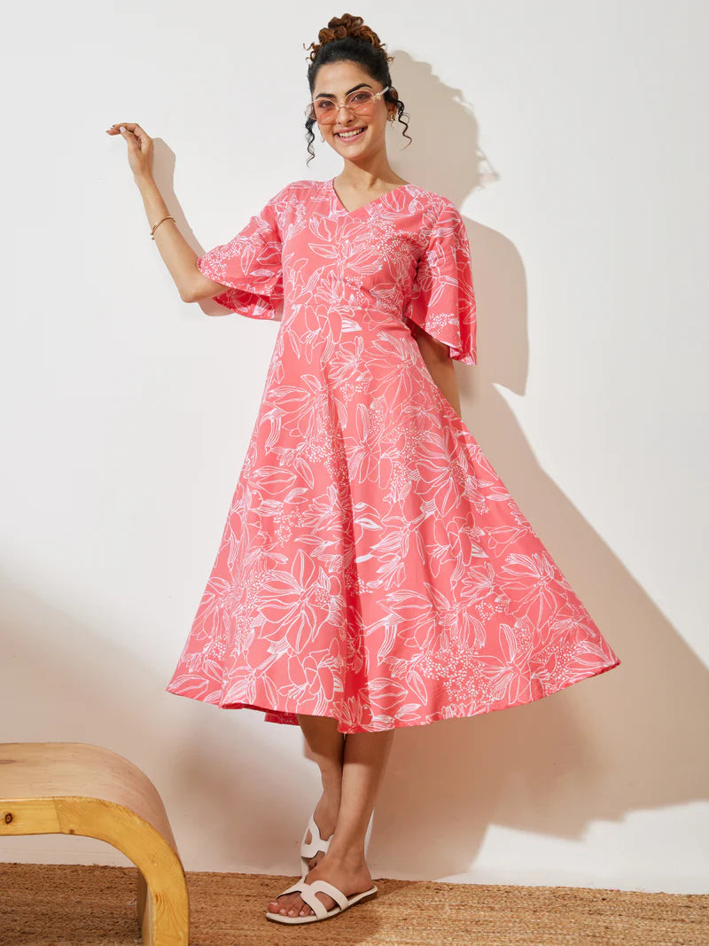 Peach Floral Printed Cotton A-Line Dress