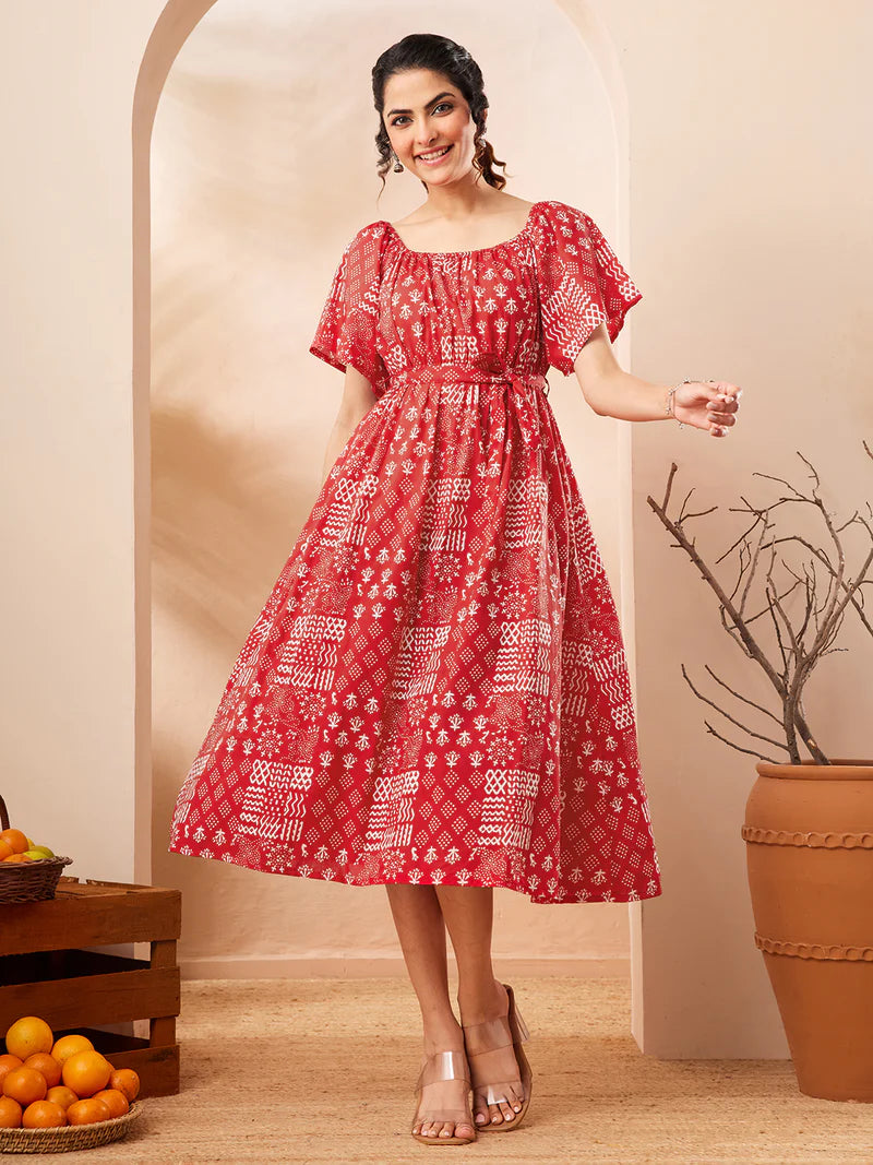 Women Floral Printed Pure Cotton A-Line Dress – Red