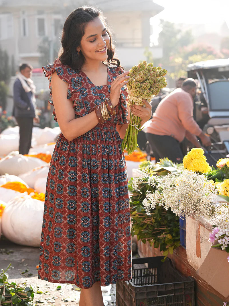 Women Rust Ethnic Print Pure Cotton Flared Dress