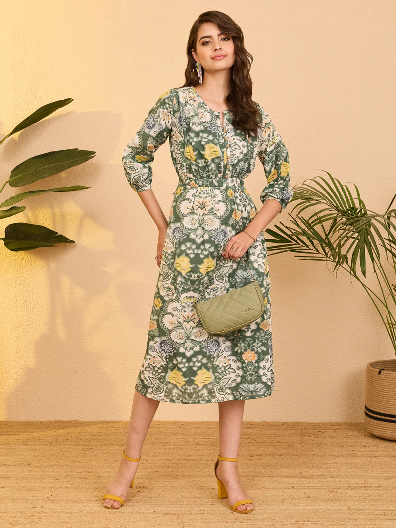 Women Sage Green Floral Printed Cotton Fit &amp;amp; Flare Dress