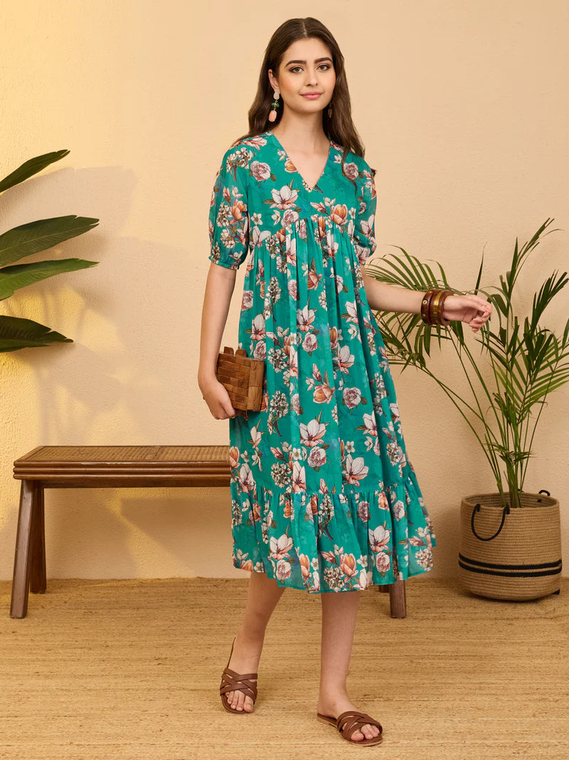 Women Sea Green Floral Printed Georgette Fit &amp;amp; Flare Dress