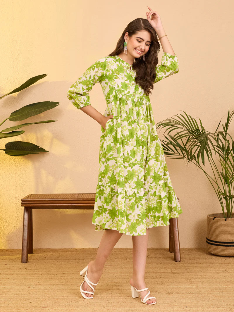 Women Floral Printed Pure Cotton A-Line Midi Dress