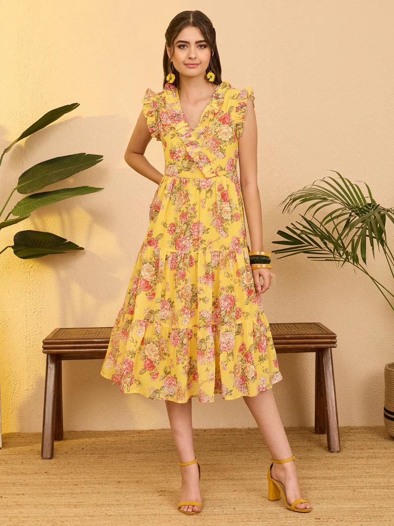 Women Floral Print Yellow Georgette Tiered Midi Dress