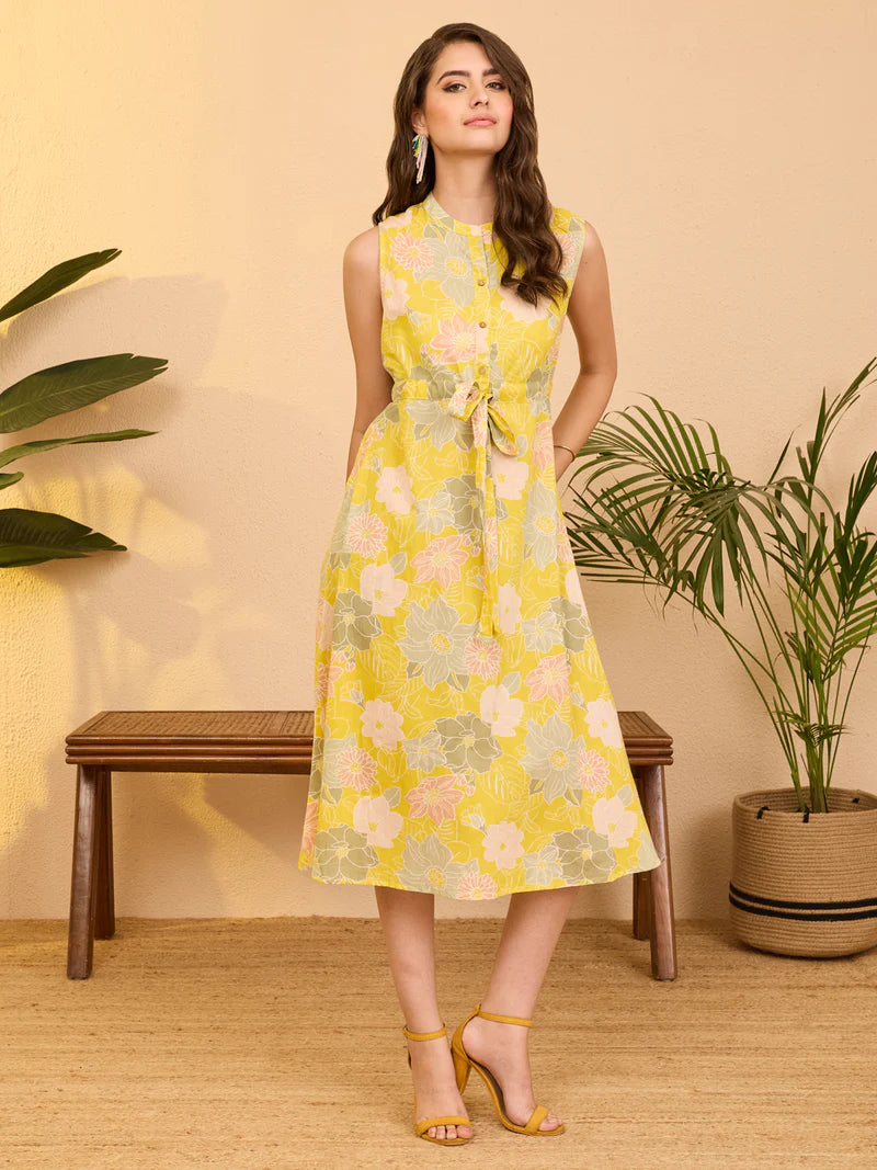 Women Floral Printed Pure Cotton A-Line Dress – Yellow